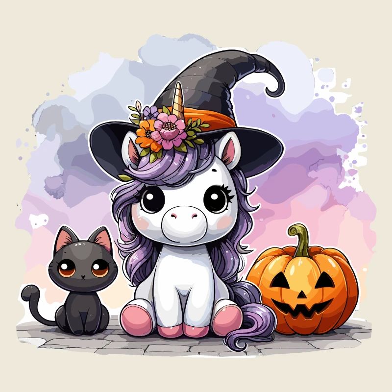 Halloween Einhorn Hexenhut Katze Niedlich Kürbis