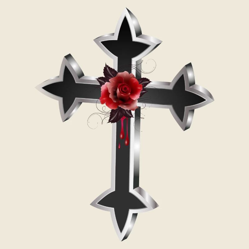 Croix gothique en argent noir avec rose rouge