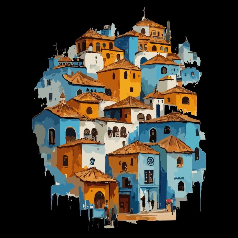 Village bleu avec tuiles orange