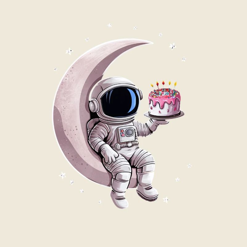 Astronaut with cake sitting on the moon