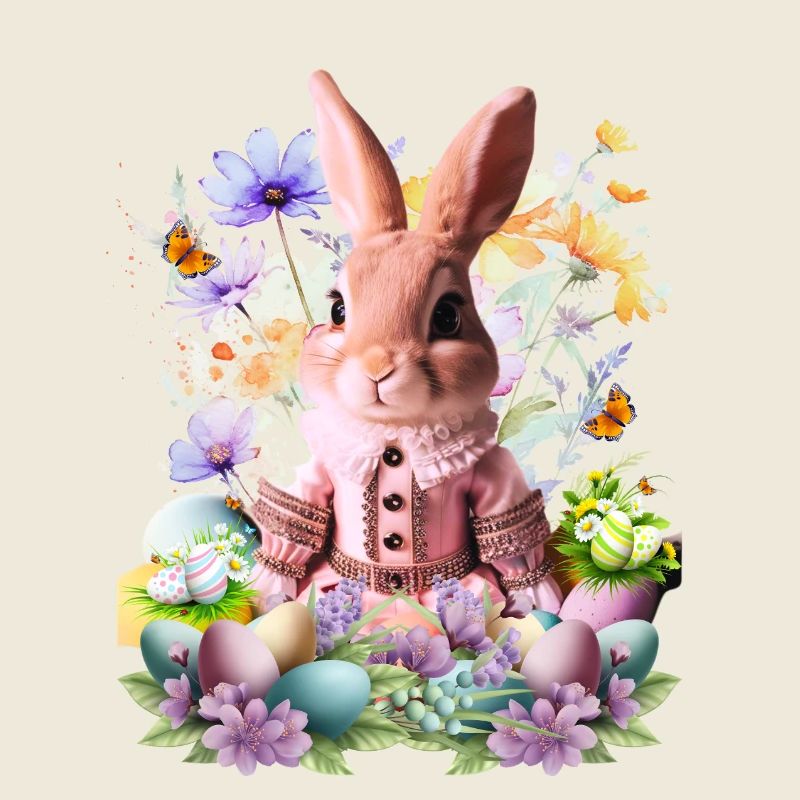 Un lapin rose pastel dans une mer de fleurs