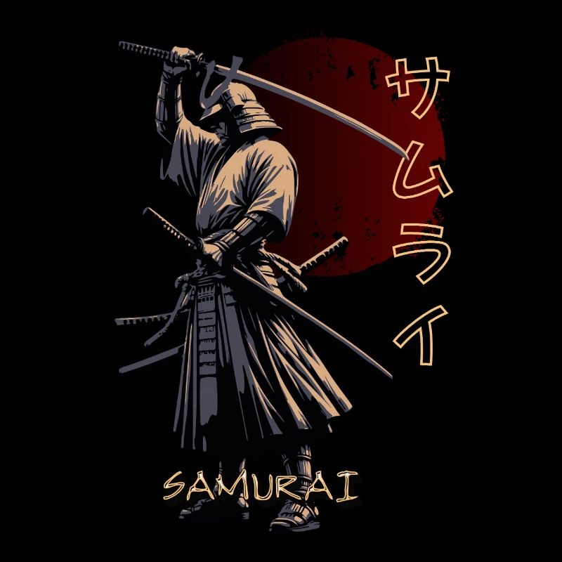 Samurai mit Schwert und japanischen Schriftzeichen