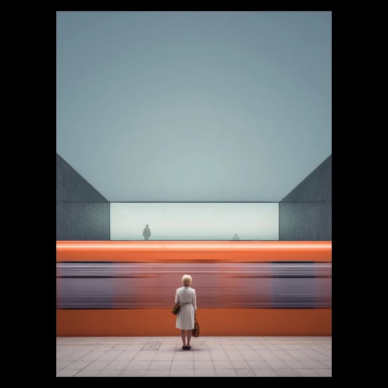 Frau im gestreiften Kleid wartet