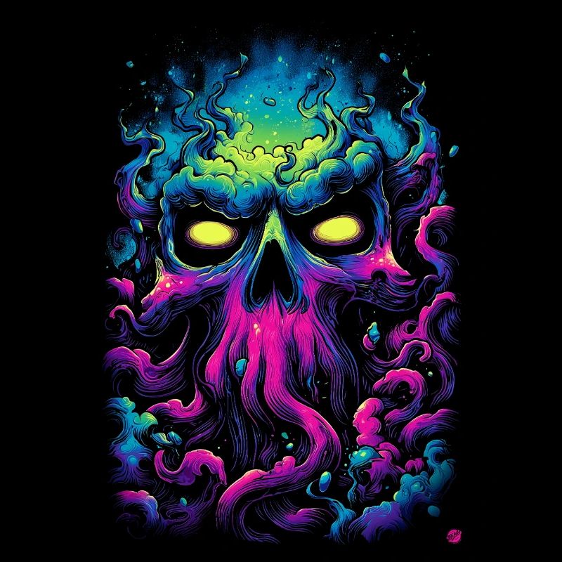 Crâne néon dans une mer de brouillard