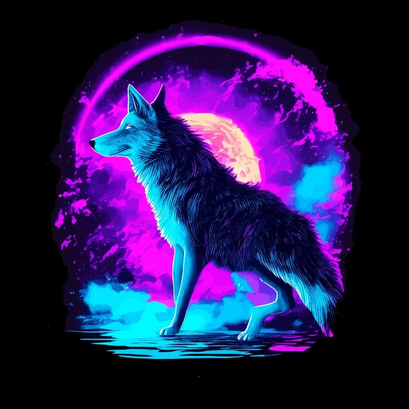 Wolf Neon Illustration Synthwave Art