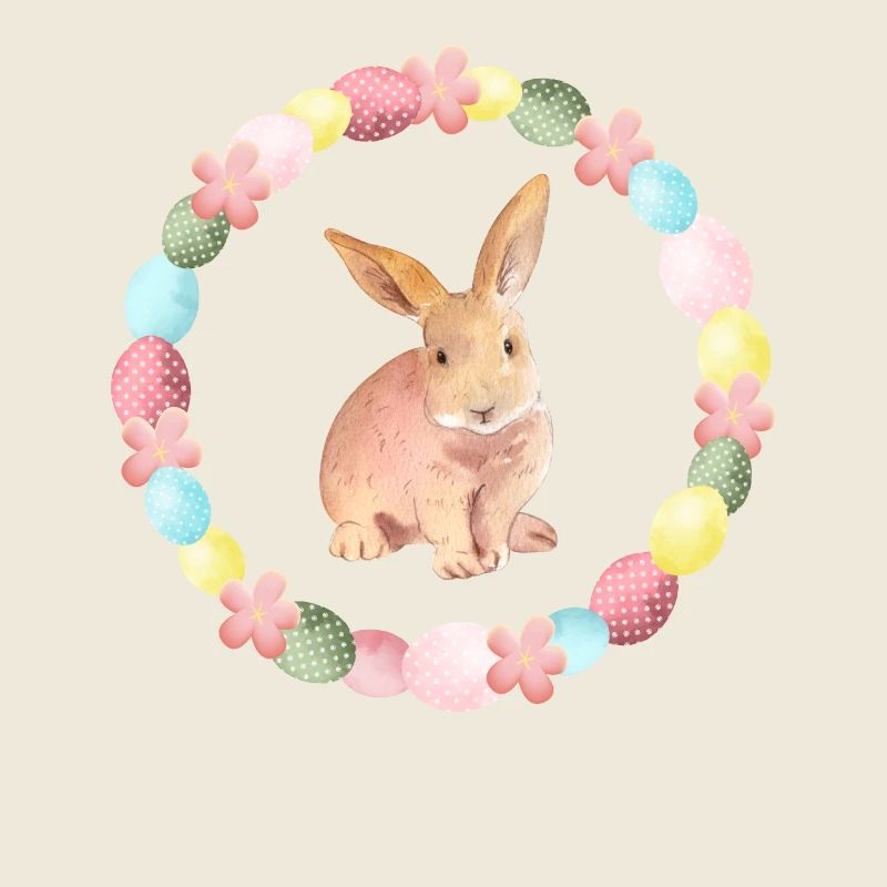 Lapin mignon avec couronne de fleurs + œufs de Pâques