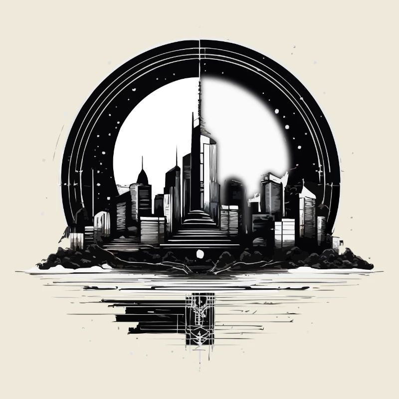 Architecture, City in Moonlight with Reflection