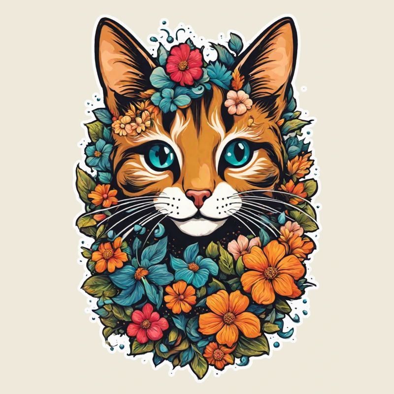 chat et fleur aquarelle