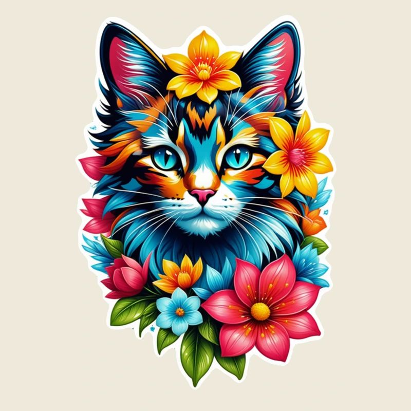 chat et fleur aquarelle