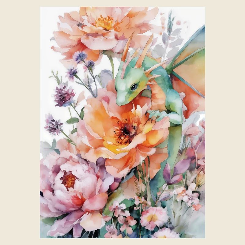 Dragon aquarelle et jardins fleuris