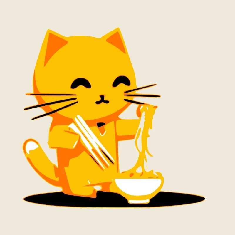 Pilou le chat qui mange des nouilles
