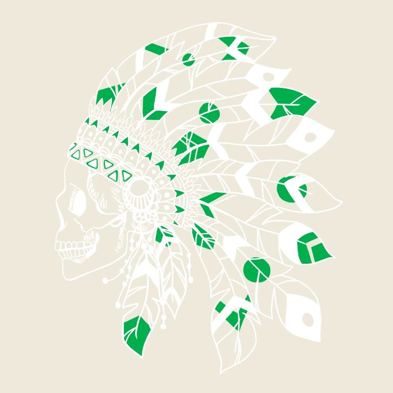 skull with white and green Indian headdress