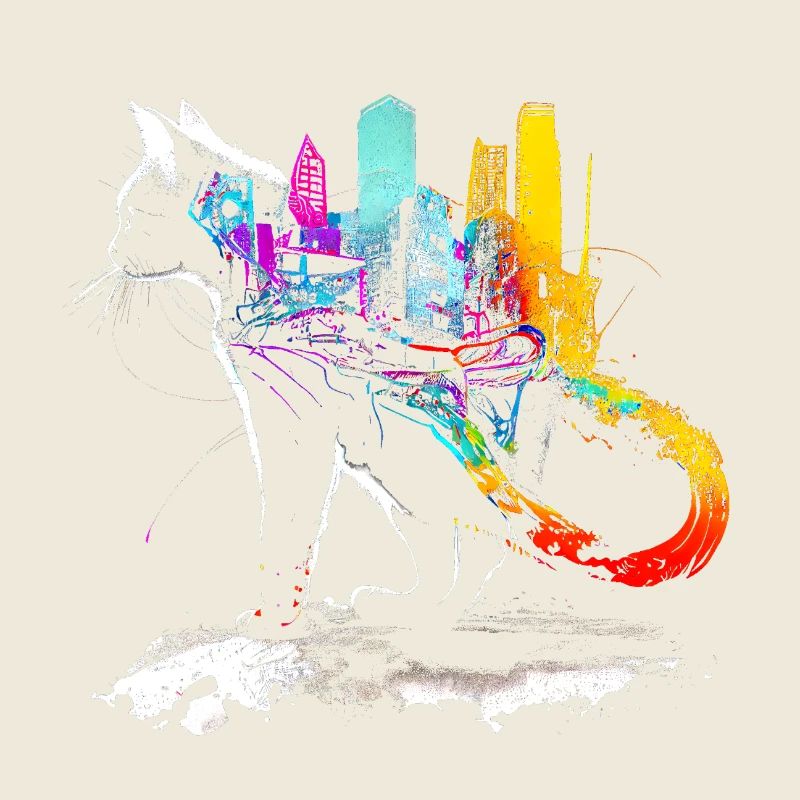 Chat avec une ville colorée sur le dos