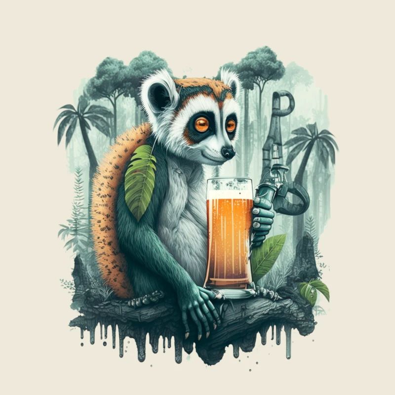 Lemur in the jungle drinks beer