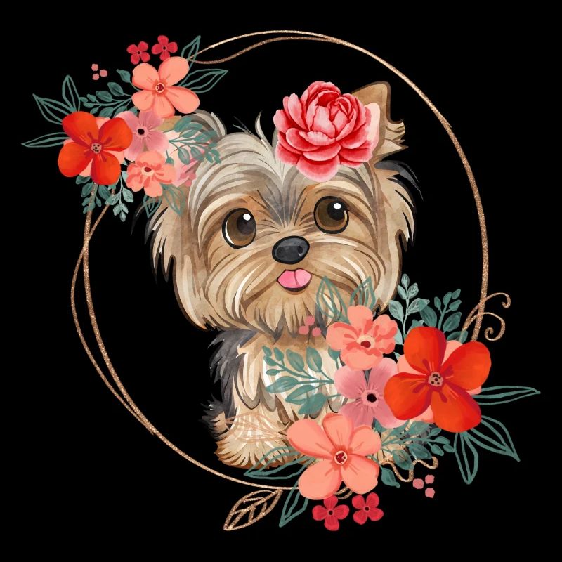 Design printanier - Yorkshire Terrier dans une couronne de fleurs