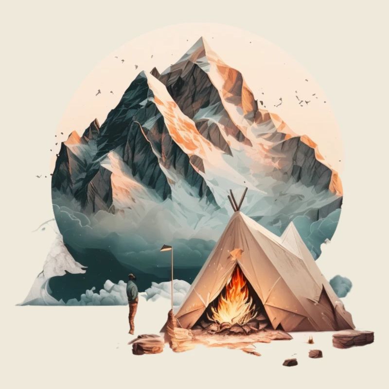Tente dans les montagnes avec feu de camp