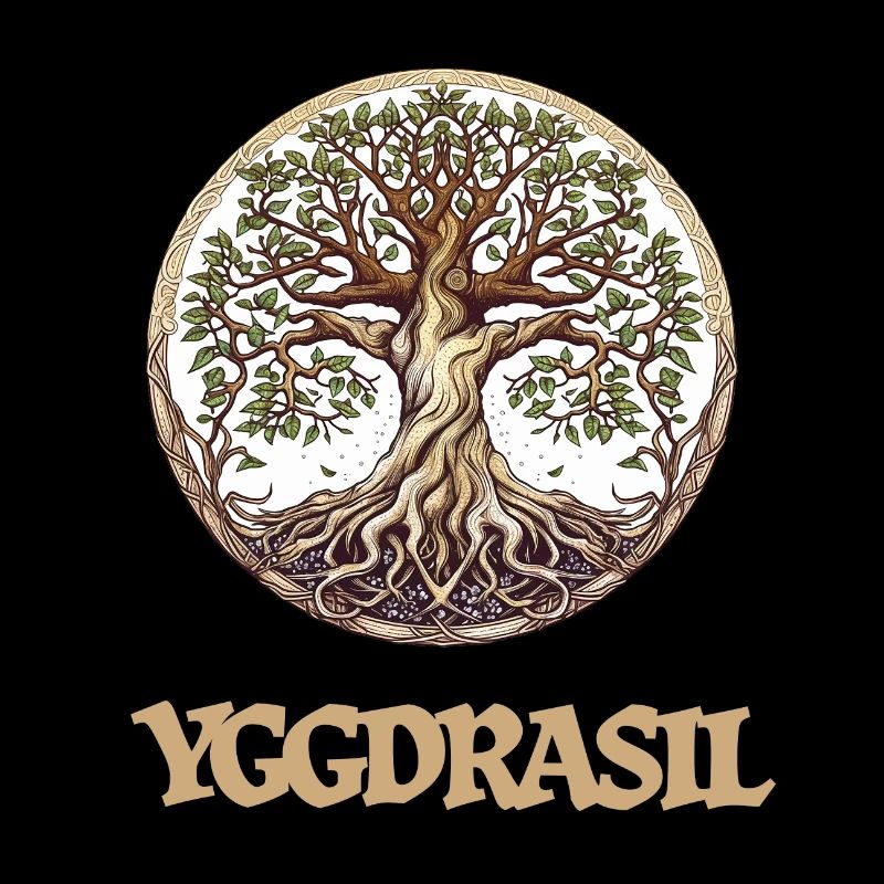 The large ash tree Yggdrasil, world tree with writing