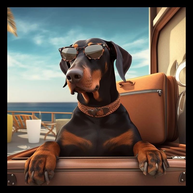 Doberman avec des lunettes de soleil dans ses bagages