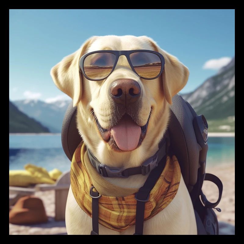 Labrador with sunglasses and backpack on vacation