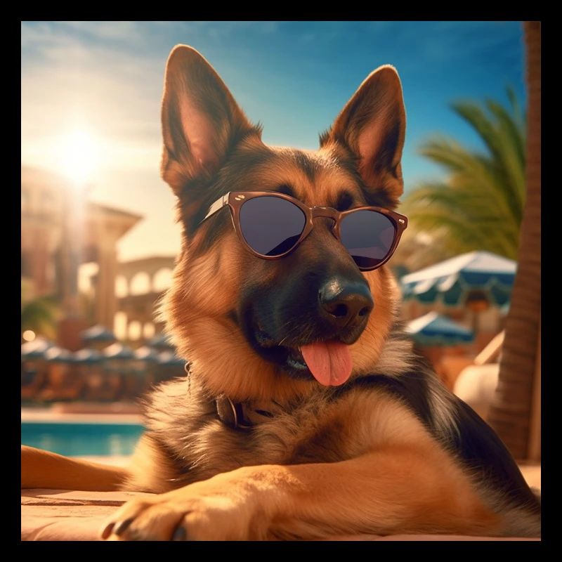 German Shepherd with sunglasses on vacation by the pool