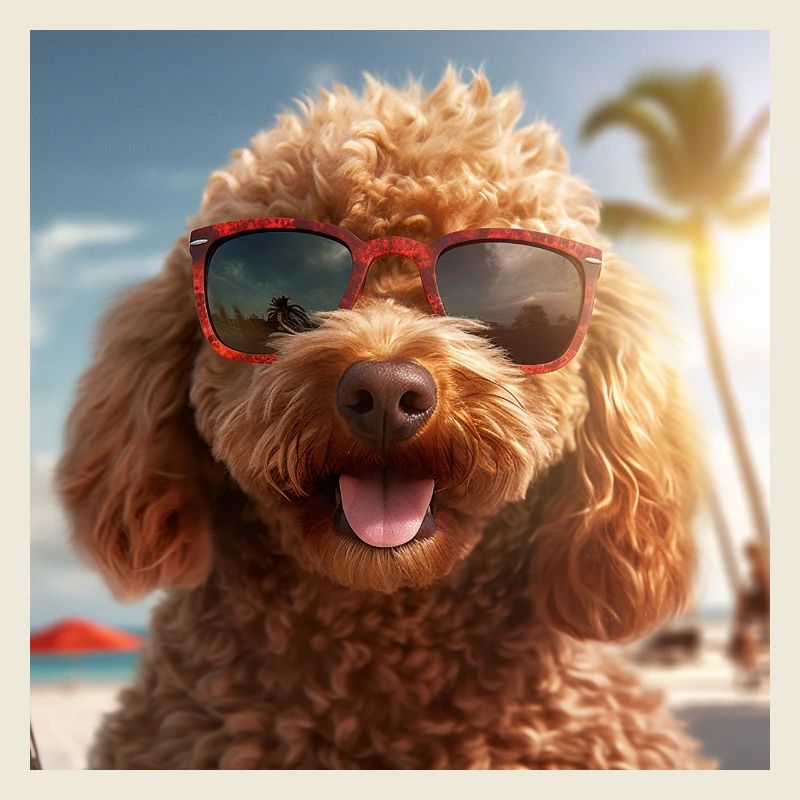 Caniche avec des lunettes de soleil en vacances sur la plage