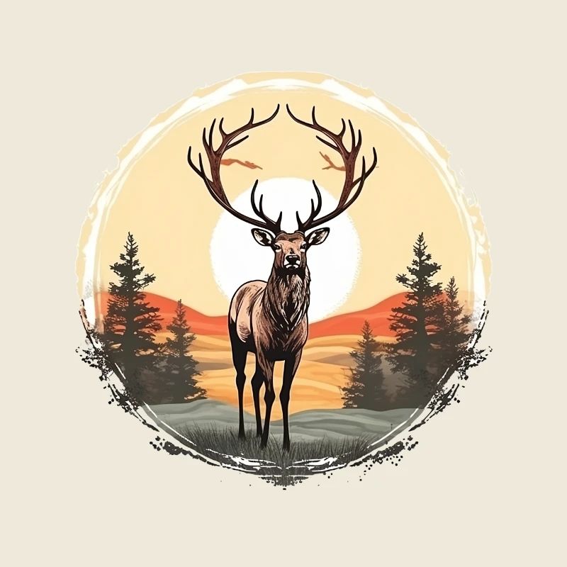 Deer Antlers Evergreen Retro Sunset