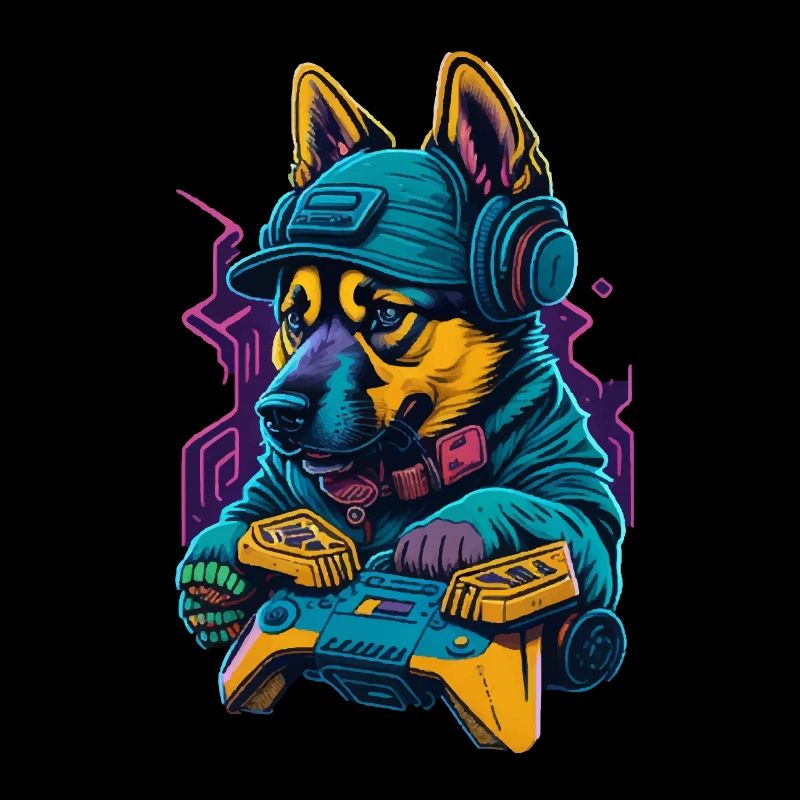 German Shepherd puppy plays with game control