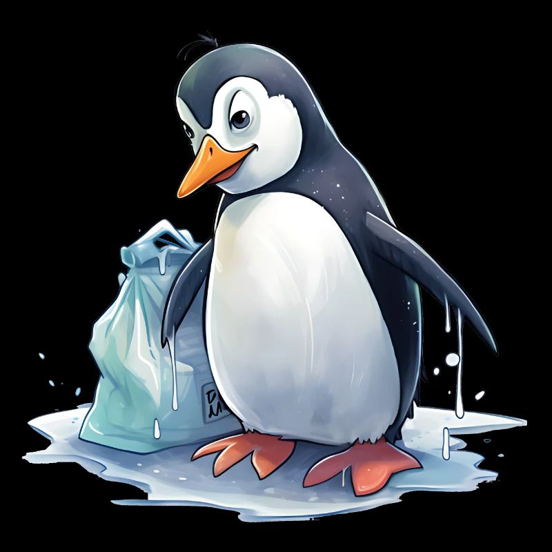 Penguin collecting garbage