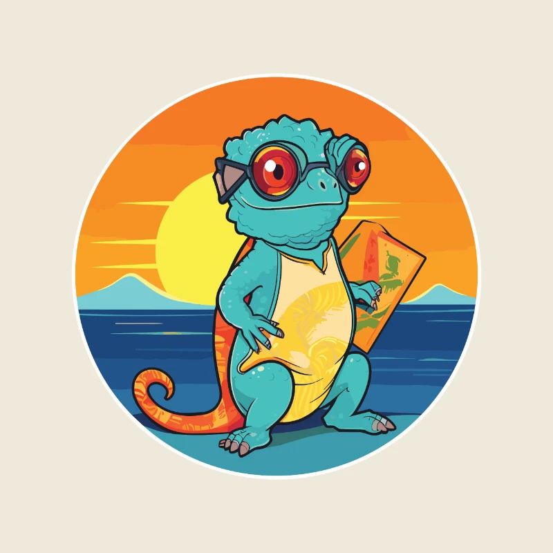 Caméléon Drôle de dessin animé Kawaii Beach Illustration
