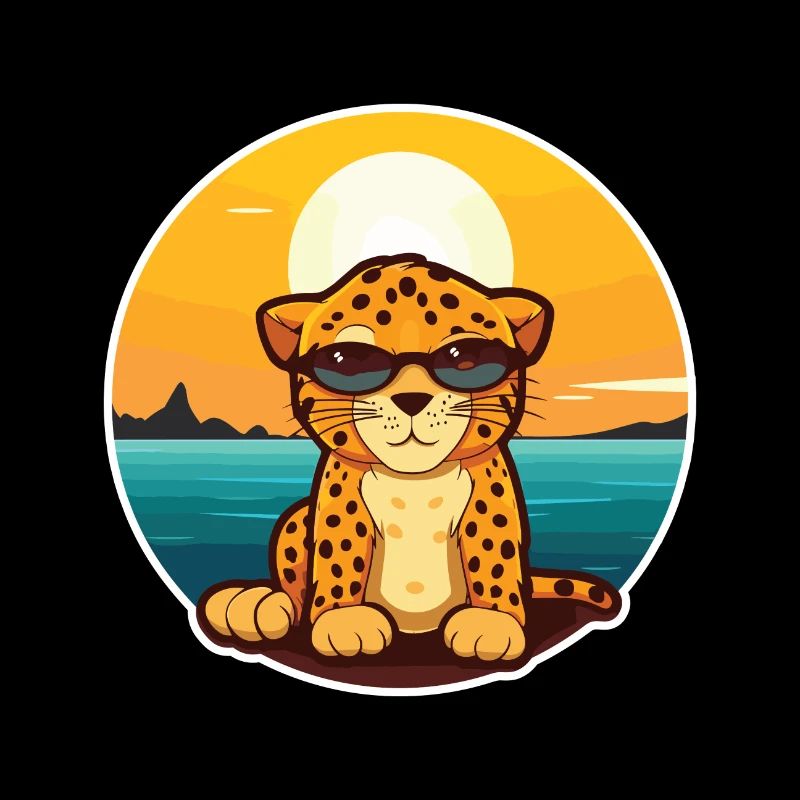 Leopard Funny Cartoon Kawaii Beach Illustration