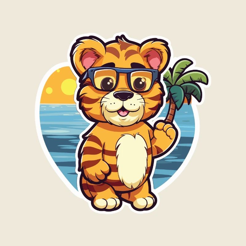 Tiger Funny Cartoon Kawaii Beach Illustration