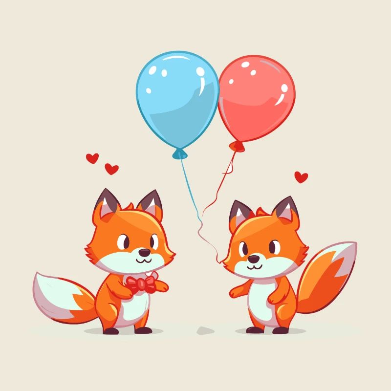 Fox Kawaii Cartoon Pet Playing With Balloons