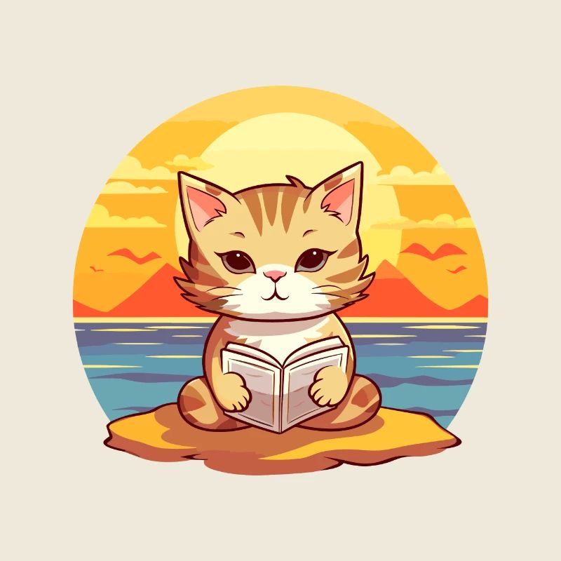 Chat Mignon Drôle Dessin Animé Kawaii Livre Plage