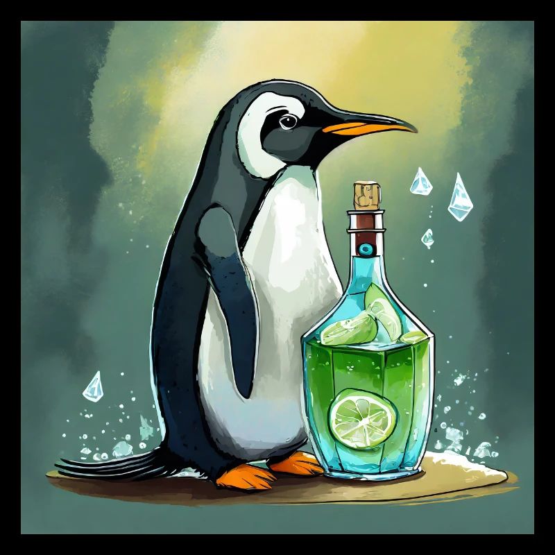 penguin with a Gin and Tonic bottle