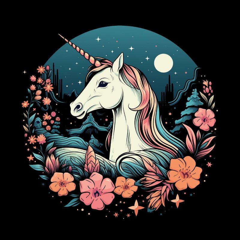Logo de licorne élégant la nuit avec des fleurs