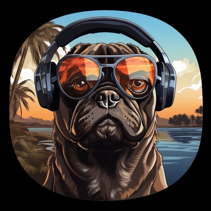 Mops Kopfhörer Sonnenbrille Vintage