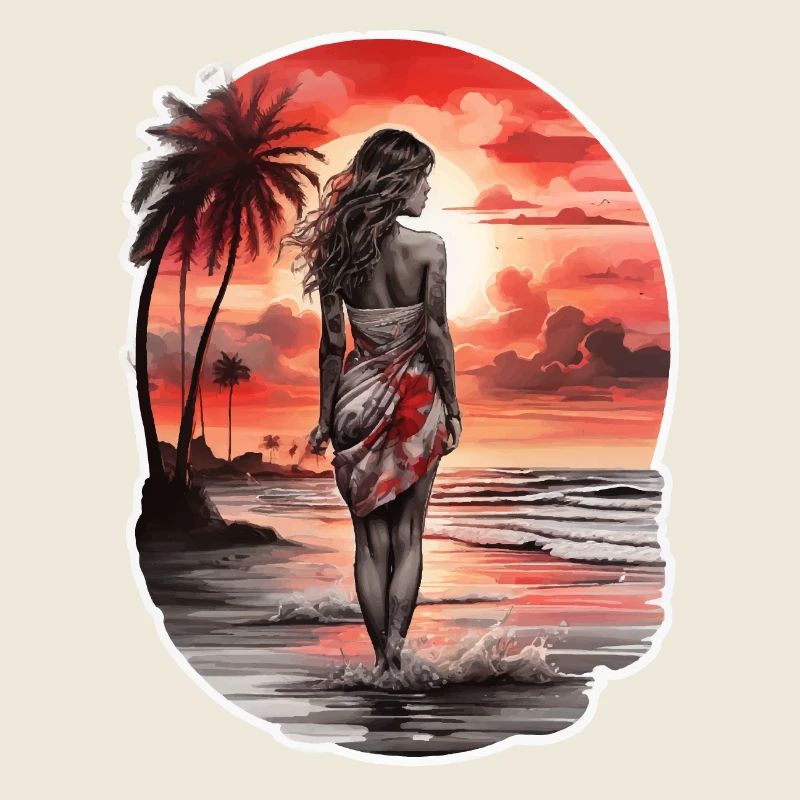 Femme sur la plage regardant le coucher de soleil rouge