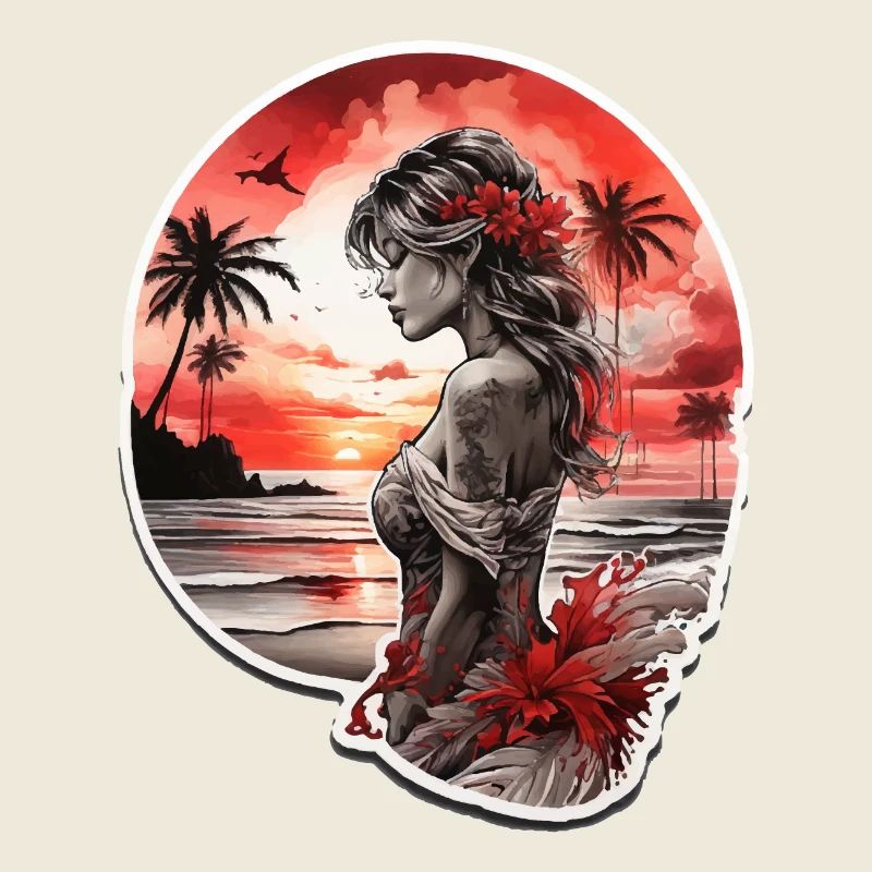 Woman on the beach looking at the red sunset