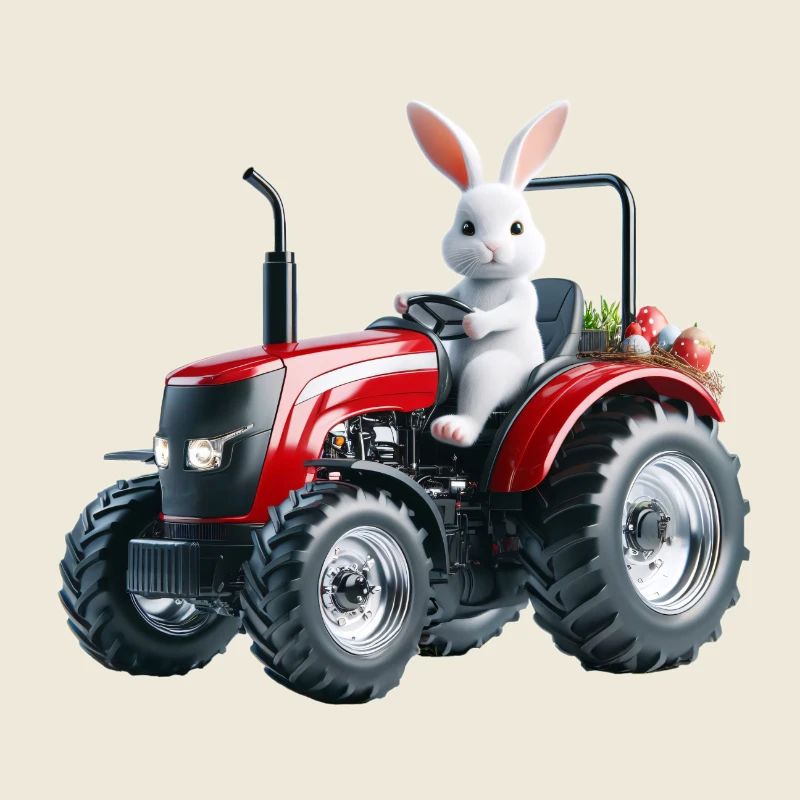 Osterhase auf rotem Traktor