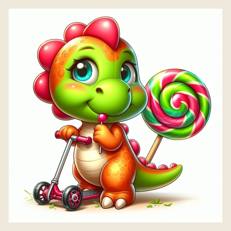 Dino mit Lolli und Lutscher auf Roller