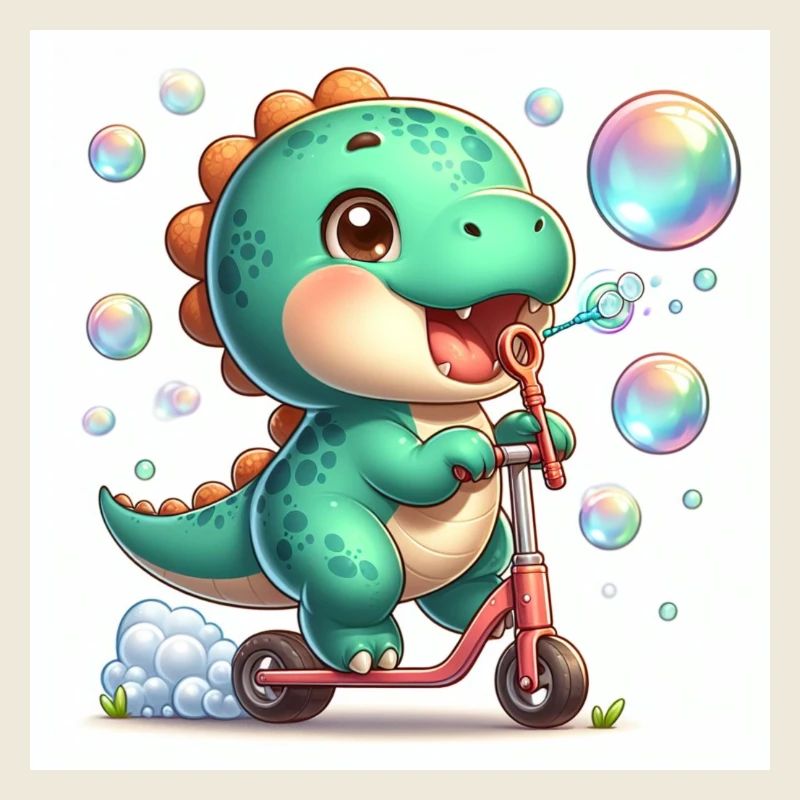 Dino with soap bubbles on a scooter