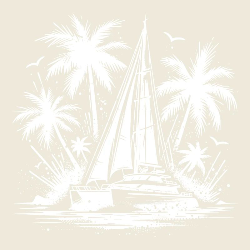 Palm trees with double hull catamaran sailboat