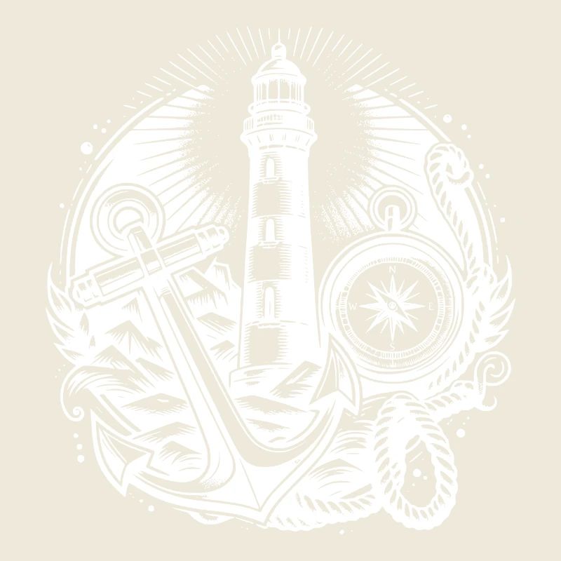 Coastal lighthouse with compass, anchor and light