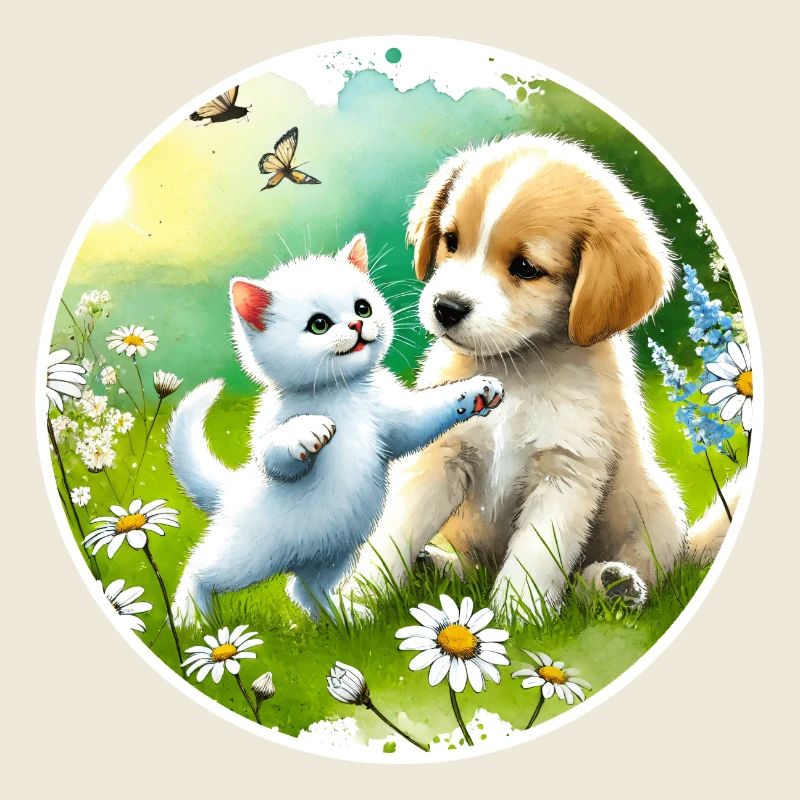 Chien et chat jouant dans la prairie fleurie