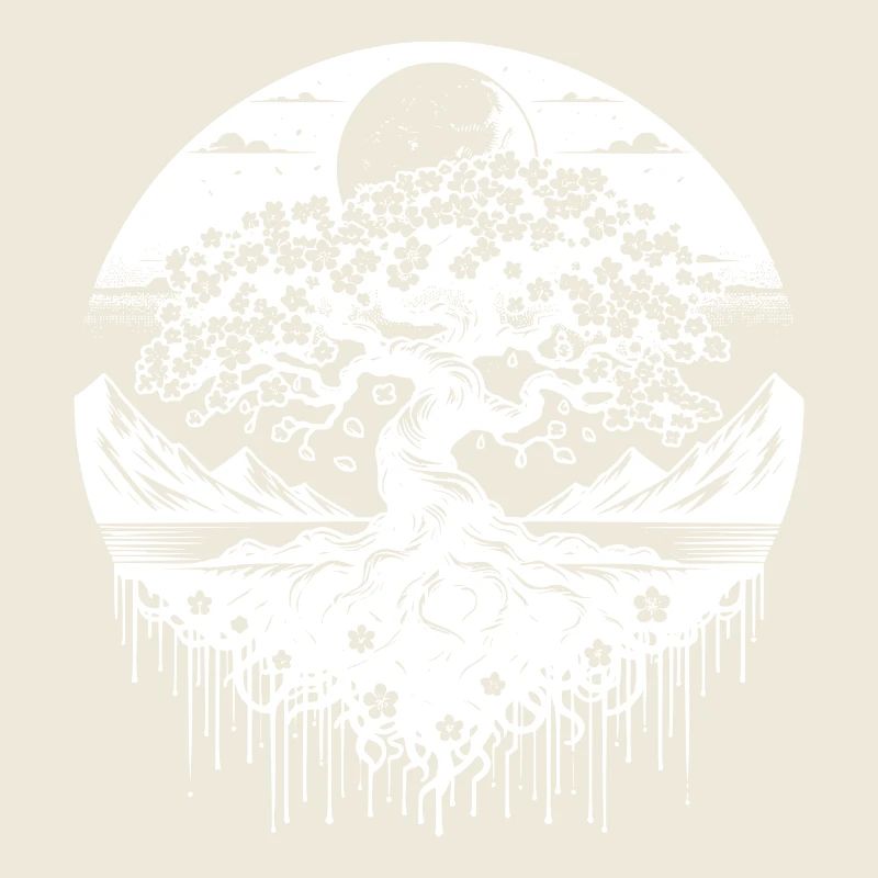 Cherry tree in full bloom in mountain landscape