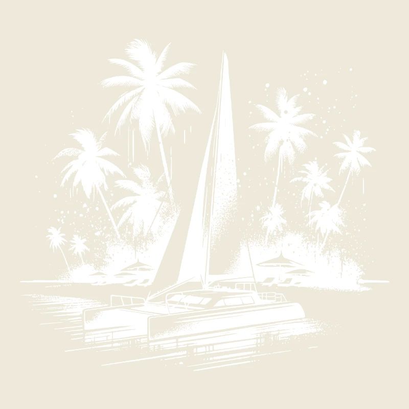 Catamaran double hull sailboat with palm trees
