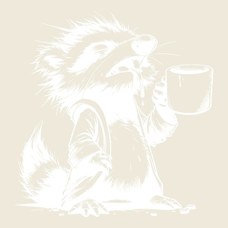 Waschbär mit Kaffeetasse extrem müde Zeichnung