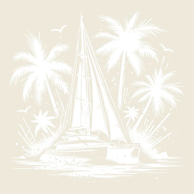 Double hull catamaran sailboat with palm trees