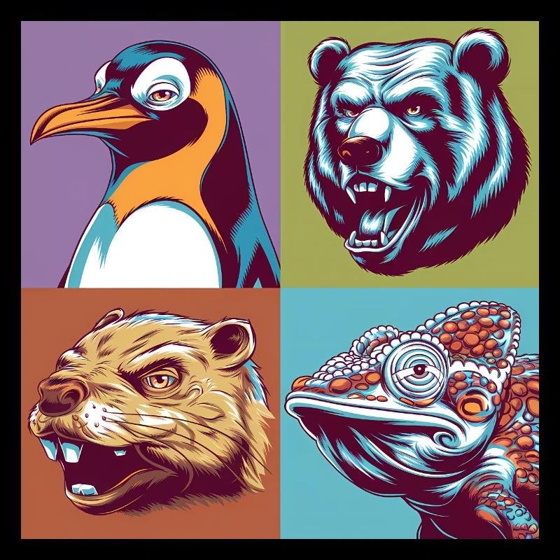 Pop-art bunt Biber Pinguin Bär Chamäleon bunt