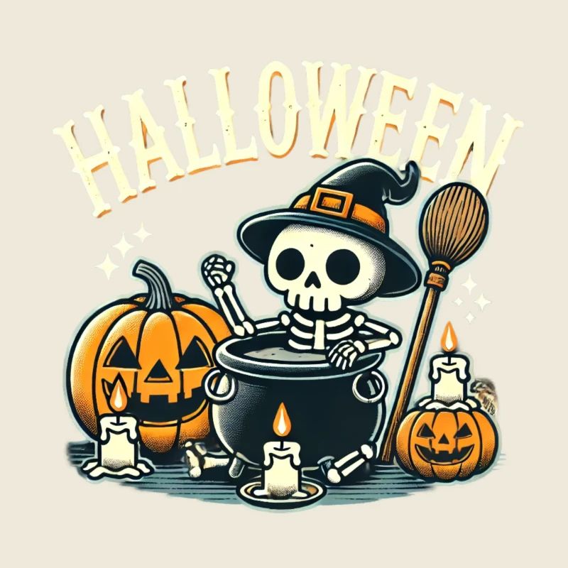 Mignon squelette d’Halloween avec citrouille et chaudron